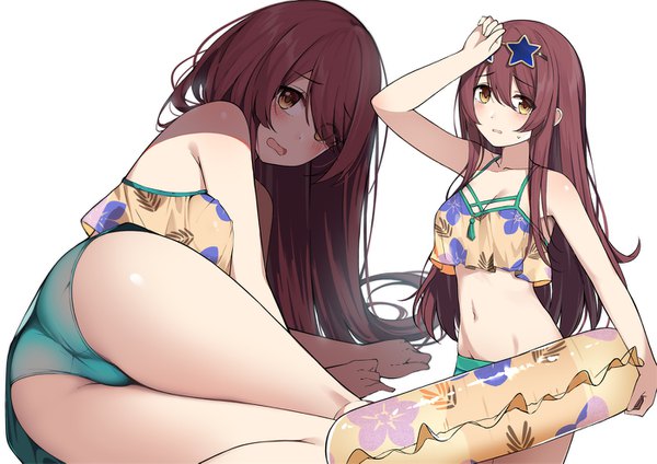 Anime picture 1398x989 with idolmaster idolmaster shiny colors oosaki tenka gin00 long hair looking at viewer blush fringe breasts open mouth light erotic simple background hair between eyes brown hair standing white background sitting bare shoulders holding yellow eyes