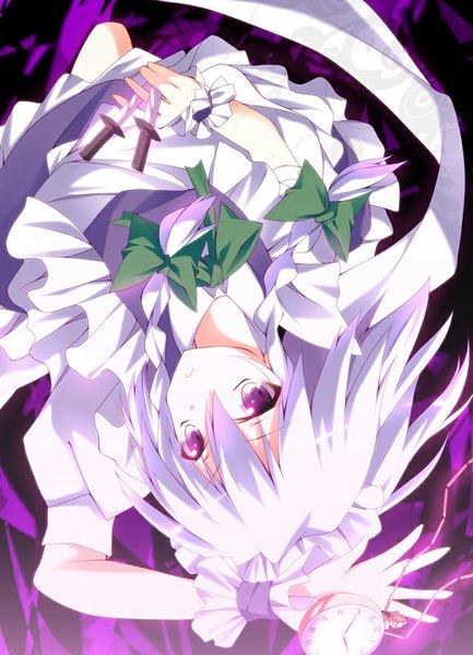 Anime picture 700x970 with touhou izayoi sakuya kurono yuzuko single tall image fringe short hair purple eyes looking away silver hair braid (braids) maid twin braids upside down girl uniform bow hair bow headdress maid headdress