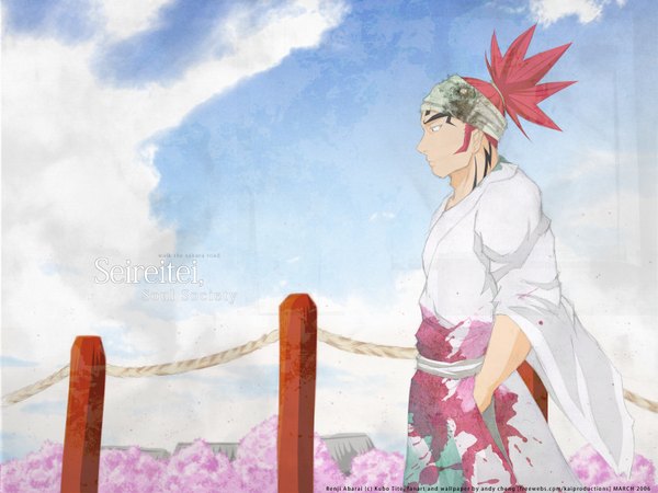 Anime picture 1600x1200 with bleach studio pierrot abarai renji single short hair sky cloud (clouds) tail traditional clothes japanese clothes profile inscription tattoo boy kimono bandana