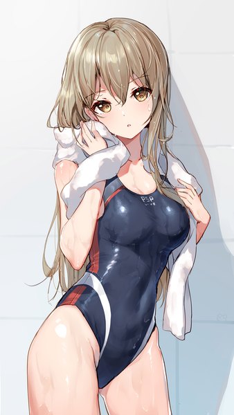 Anime picture 1200x2133 with original bison cangshu single long hair tall image looking at viewer fringe breasts light erotic blonde hair hair between eyes standing yellow eyes head tilt shadow wet towel around neck girl swimsuit one-piece swimsuit