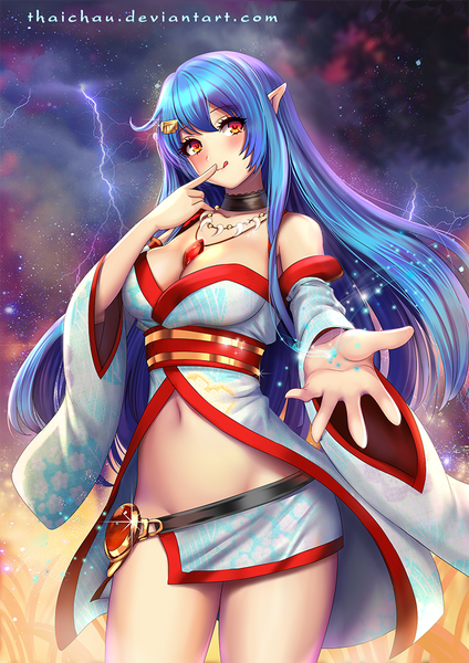 Anime picture 707x1000 with original riiya (mabong1989) single long hair tall image blush fringe breasts light erotic smile hair between eyes red eyes large breasts standing signed blue hair looking away cleavage pointy ears night