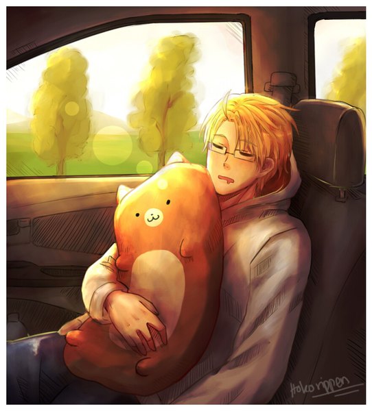 Anime picture 880x975 with axis powers hetalia studio deen america (hetalia) hokorippen single tall image short hair open mouth blonde hair sitting holding signed sky ahoge eyes closed sunlight lens flare border sleeping car interior