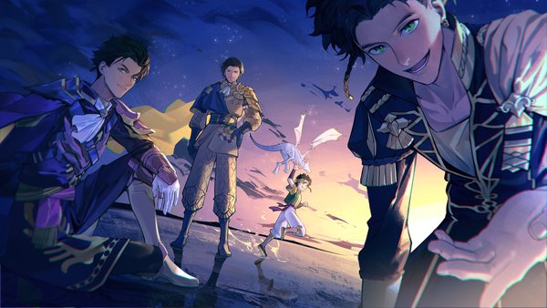 Anime picture 2048x1152 with fire emblem fire emblem: three houses fire emblem warriors: three hopes nintendo claude von riegan zhihaiwusheng looking at viewer highres short hair open mouth black hair smile wide image standing sitting green eyes cloud (clouds) full body outdoors :d