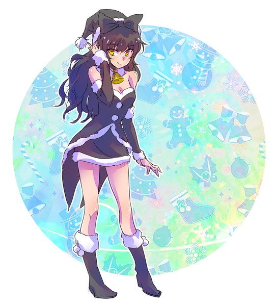 Anime picture 1625x1800 with rwby rooster teeth blake belladonna iesupa single long hair tall image looking at viewer black hair smile standing bare shoulders yellow eyes fur trim christmas outline girl bow hair bow hat