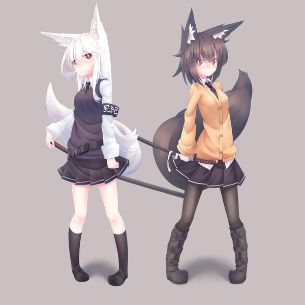 Anime picture 2611x2611 with original kzy090 long hair looking at viewer highres short hair black hair simple background red eyes standing multiple girls holding animal ears full body white hair tail long sleeves animal tail pleated skirt grey background