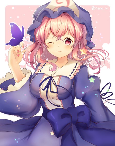 Anime-Bild 2265x2880 mit touhou saigyouji yuyuko nenobi (nenorium) single tall image looking at viewer blush highres short hair smile signed pink hair nail polish one eye closed pink eyes twitter username pink nail polish butterfly on hand girl dress