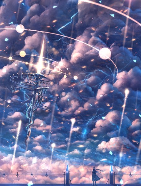 Anime picture 1327x1750 with original bounin single long hair tall image brown hair standing sky cloud (clouds) braid (braids) wind from behind sunlight single braid glow lightning girl dress planet confetti