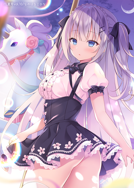 Anime picture 714x1000 with original toorutsuki hajime single long hair tall image blush fringe breasts blue eyes light erotic standing payot looking away silver hair outdoors ass blunt bangs night short sleeves two side up