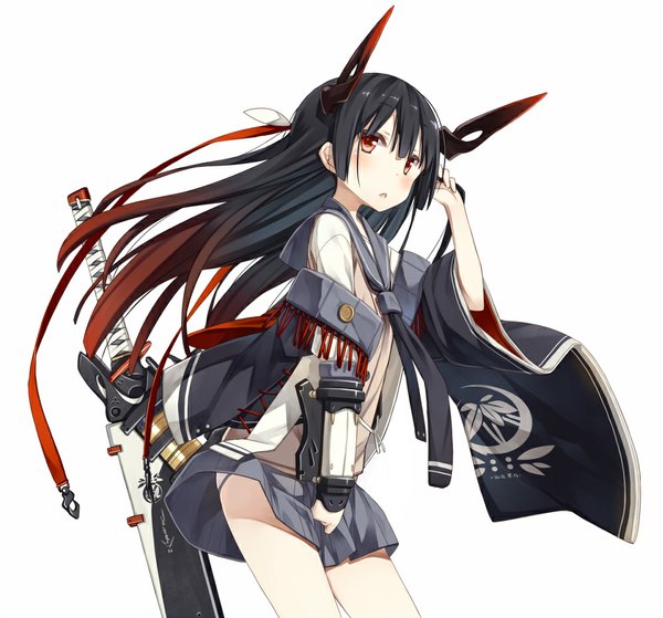 Anime picture 966x900 with original poco (asahi age) single long hair looking at viewer blush black hair simple background red eyes white background girl hair ornament weapon sword