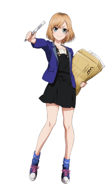 Anime picture 509x883 with shirobako p.a. works miyamori aoi single tall image looking at viewer blush short hair blue eyes blonde hair smile full body official art transparent background girl dress socks shoes sundress sneakers