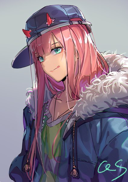 Anime picture 800x1133 with darling in the franxx studio trigger zero two (darling in the franxx) qiongsheng single long hair tall image looking at viewer blush fringe simple background signed payot pink hair upper body blunt bangs horn (horns) aqua eyes open jacket alternate costume