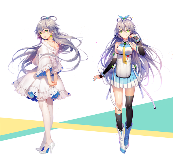 Anime picture 1072x1000 with vocaloid vocaloid china luo tianyi tidsean long hair looking at viewer blush fringe breasts open mouth simple background smile hair between eyes white background bare shoulders multiple girls holding green eyes purple hair full body