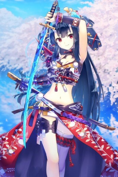 Anime picture 800x1199 with chain chronicle original sega keito (kazamatuli) single long hair tall image black hair red eyes standing bare shoulders holding sky arm up horn (horns) bare legs bare belly midriff cherry blossoms floral print
