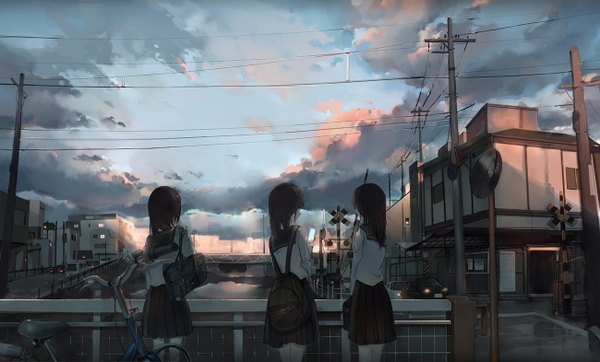 Anime picture 1300x786 with original qqwew00123 long hair black hair brown hair wide image multiple girls holding sky cloud (clouds) outdoors pleated skirt from behind morning sunrise railroad crossing girl skirt uniform school uniform