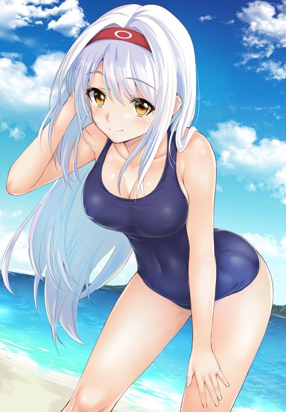 Anime picture 1245x1791 with kantai collection shoukaku aircraft carrier ipuu (el-ane koubou) single long hair tall image blush breasts light erotic smile large breasts yellow eyes sky cloud (clouds) white hair leaning alternate costume leaning forward beach girl