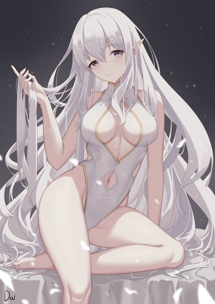 Anime picture 4961x7016 with original daidai gege single tall image looking at viewer fringe highres breasts light erotic simple background hair between eyes large breasts signed absurdres bent knee (knees) white hair very long hair head tilt barefoot arm up
