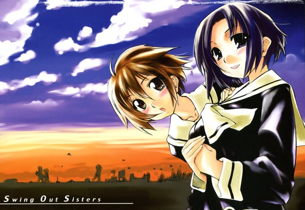 Anime picture 1400x966 with swing out sisters shinonome tarou looking at viewer blush short hair open mouth smile brown hair purple eyes multiple girls brown eyes sky purple hair cloud (clouds) copyright name evening sunset girl uniform 2 girls