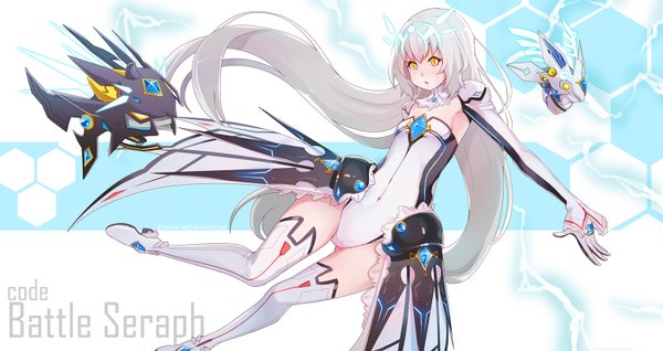 Anime picture 1506x800 with elsword eve (elsword) moby (elsword) remy (elsword) code battle seraph dream-of-abell single looking at viewer blush breasts wide image silver hair very long hair orange eyes flat chest girl gloves suit