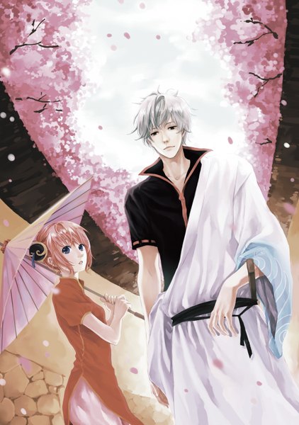 Anime picture 1000x1420 with gintama sunrise (studio) sakata gintoki kagura (gintama) weebly (artist) tall image fringe short hair open mouth pink hair silver hair traditional clothes japanese clothes looking back grey eyes cherry blossoms girl weapon plant (plants) petals