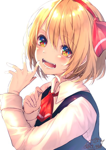 Anime picture 1417x2000 with touhou rumia chita (ketchup) single tall image blush fringe short hair open mouth simple background blonde hair smile hair between eyes white background looking away upper body fang (fangs) multicolored eyes girl hairband