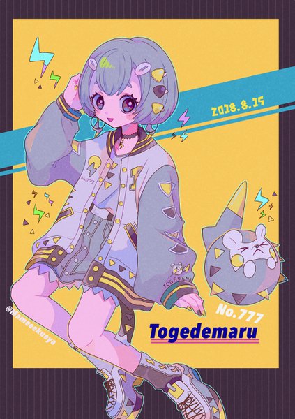 Anime picture 1923x2728 with pokemon pokemon sm nintendo togedemaru mameeekueya single tall image looking at viewer highres short hair sitting signed nail polish grey hair open jacket character names twitter username dated hand on head yellow background