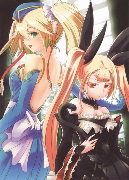 Anime picture 2232x3112 with blazblue rachel alucard noel vermillion tagme (artist) long hair tall image blush highres open mouth blonde hair red eyes twintails bare shoulders multiple girls green eyes looking back scan loli back lolita fashion