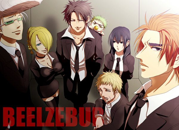 Anime picture 1100x800 with beelzebub studio pierrot oga tatsumi hilda (beelzebub) beelzebub iv kunieda aoi furuichi takayuki toujou hidetora kanzaki hajime himekawa tatsuya fringe short hair black hair blonde hair multiple girls green eyes hair over one eye orange hair group hands in pockets