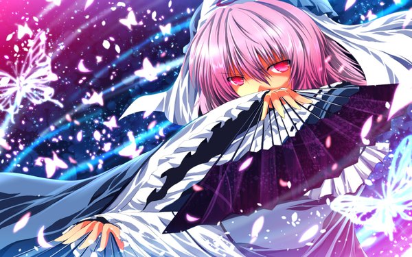 Anime picture 1920x1200 with touhou saigyouji yuyuko nekominase single looking at viewer highres short hair red eyes wide image pink hair girl dress petals insect butterfly bonnet fan