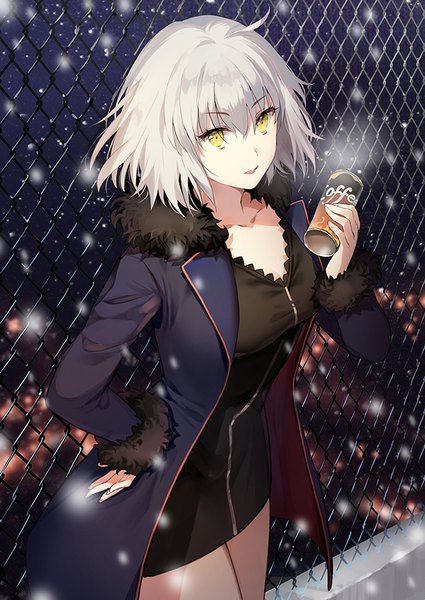 Anime-Bild 650x918 mit fate (series) fate/grand order jeanne d'arc (fate) (all) jeanne d'arc alter (fate) ice (ice aptx) single tall image looking at viewer fringe short hair open mouth hair between eyes standing holding yellow eyes silver hair ahoge fingernails open clothes open jacket