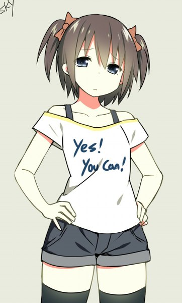 Anime picture 725x1200 with original sky (sky-freedom) sky-freedom single tall image looking at viewer fringe short hair blue eyes simple background hair between eyes brown hair signed two side up zettai ryouiki text english clothes writing hands on hips girl