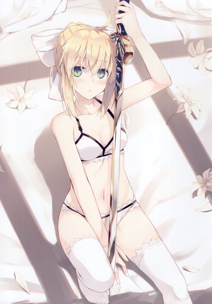 Anime picture 2517x3613 with fate (series) fate/unlimited codes artoria pendragon (all) saber lily nagishiro mito single tall image looking at viewer blush fringe highres short hair breasts light erotic simple background blonde hair smile hair between eyes white background sitting