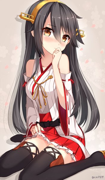 Anime picture 692x1177 with kantai collection haruna battleship rin yuu single long hair tall image looking at viewer blush fringe breasts light erotic black hair simple background sitting bare shoulders signed yellow eyes traditional clothes japanese clothes embarrassed