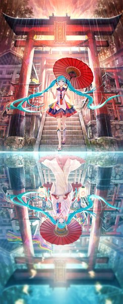 Anime picture 755x1856 with vocaloid hatsune miku fuzichoco single tall image looking at viewer twintails animal ears looking away very long hair traditional clothes japanese clothes aqua eyes aqua hair fox ears reflection rain different reflection girl skirt