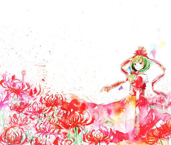 Anime picture 1500x1277 with touhou kagiyama hina shiratsuyu single long hair fringe simple background standing white background green eyes looking away green hair short sleeves puffy sleeves low ponytail traditional media watercolor (medium) girl dress flower (flowers)