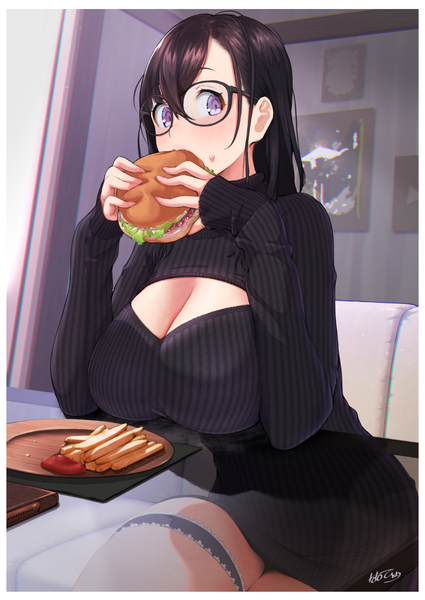 Anime picture 1129x1594 with original nanahime (aoi) single long hair tall image looking at viewer blush fringe breasts light erotic black hair hair between eyes large breasts sitting purple eyes holding signed cleavage indoors long sleeves
