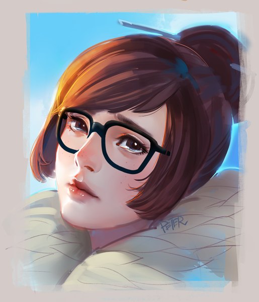 Anime picture 781x909 with overwatch blizzard entertainment mei (overwatch) superschool48 single tall image looking at viewer short hair brown hair brown eyes signed realistic hair bun (hair buns) fur trim lipstick portrait blue background framed pink lipstick girl