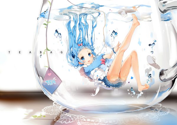 Anime picture 1151x815 with original anmi single long hair blush open mouth blue eyes light erotic blue hair ass barefoot bare legs loli legs underwater girl skirt underwear panties bow