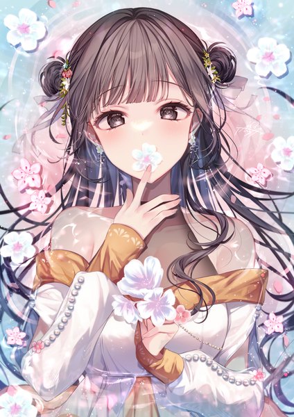 Anime-Bild 1000x1415 mit project sekai shinonome ena taya oco single long hair tall image looking at viewer fringe brown hair bare shoulders brown eyes lying blunt bangs long sleeves hair flower from above on back hair bun (hair buns) partially submerged flower in mouth
