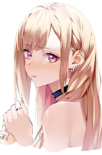 Anime picture 2700x4093 with sono bisque doll wa koi wo suru cloverworks kitagawa marin mikaduki 3636 single long hair tall image looking at viewer blush fringe highres simple background blonde hair red eyes white background upper body blunt bangs fingernails piercing turning head