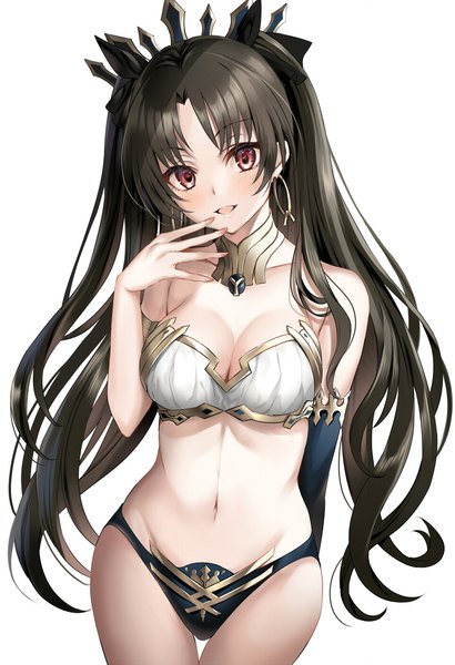 Anime picture 700x1024 with fate (series) fate/grand order ishtar (fate) harimoji single long hair tall image looking at viewer blush fringe breasts open mouth light erotic black hair simple background red eyes standing white background bare shoulders nail polish