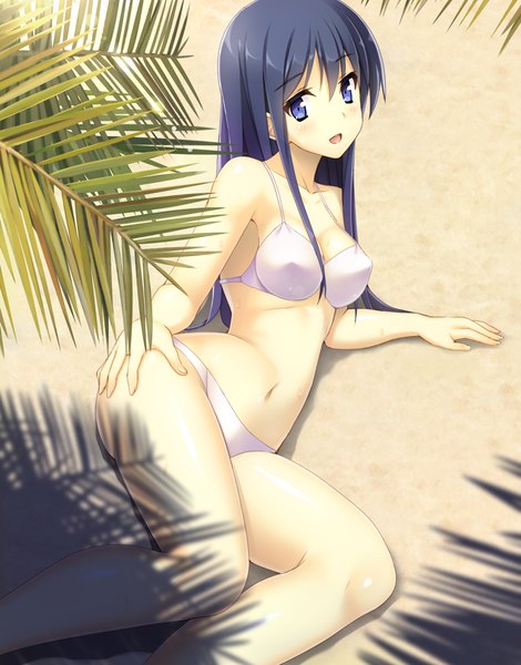 Anime picture 784x1000 with original ihara asta single tall image looking at viewer blush open mouth blue eyes light erotic blue hair shadow beach girl navel swimsuit bikini