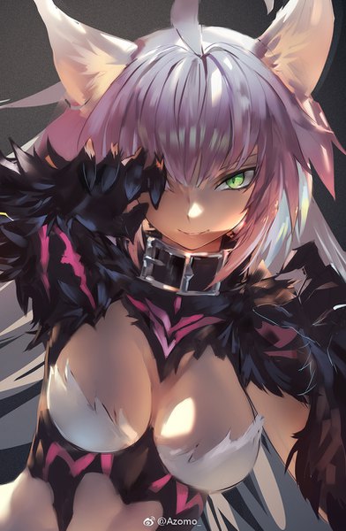 Anime picture 800x1225 with fate (series) fate/grand order atalanta (fate) atalanta (alter) (fate) azomo single long hair tall image looking at viewer fringe breasts light erotic simple background hair between eyes large breasts green eyes signed animal ears cleavage silver hair