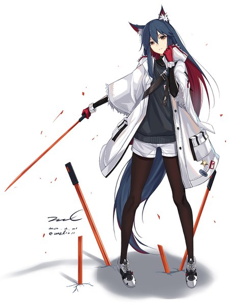 Anime picture 1000x1327 with arknights texas (arknights) texas (winter messenger) (arknights) unel single long hair tall image looking at viewer fringe simple background hair between eyes white background holding signed animal ears blue hair full body red hair tail long sleeves