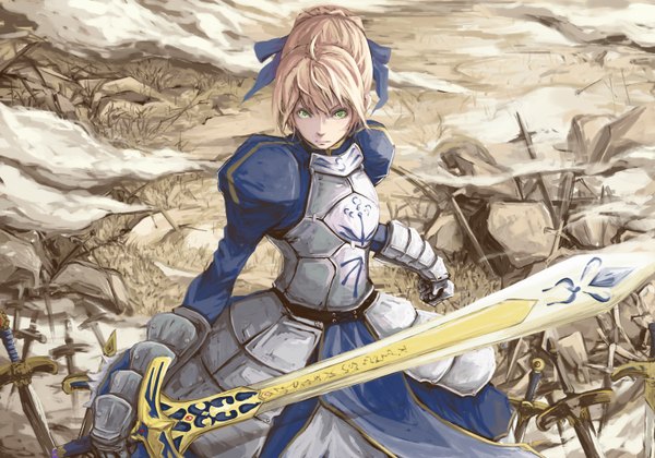 Anime picture 1500x1050 with fate (series) fate/stay night studio deen type-moon artoria pendragon (all) saber ripu (vincecarter) single short hair blonde hair green eyes girl sword armor gauntlets