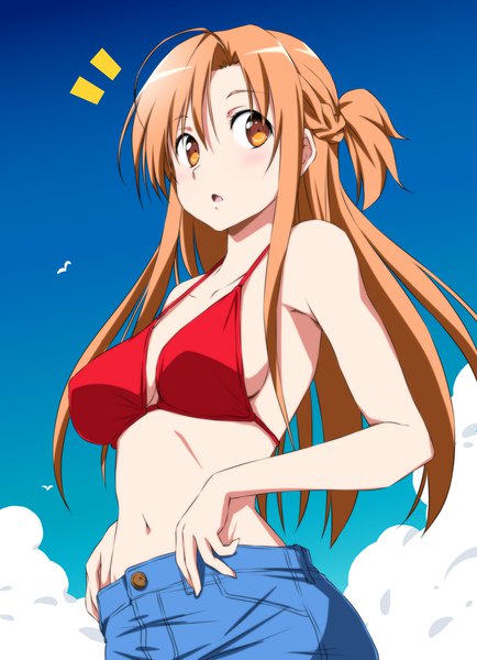 Anime picture 1488x2056 with sword art online a-1 pictures yuuki asuna nori tamago single long hair tall image looking at viewer blush breasts open mouth light erotic brown hair brown eyes sky cloud (clouds) upper body ponytail girl navel