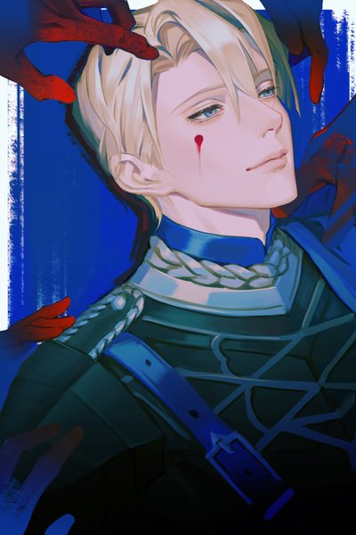 Anime picture 2480x3720 with fire emblem fire emblem: three houses nintendo dimitri alexandre blaiddyd yuu vincent tall image fringe highres short hair blue eyes simple background blonde hair smile hair between eyes looking away upper body solo focus blue background blood on face boy