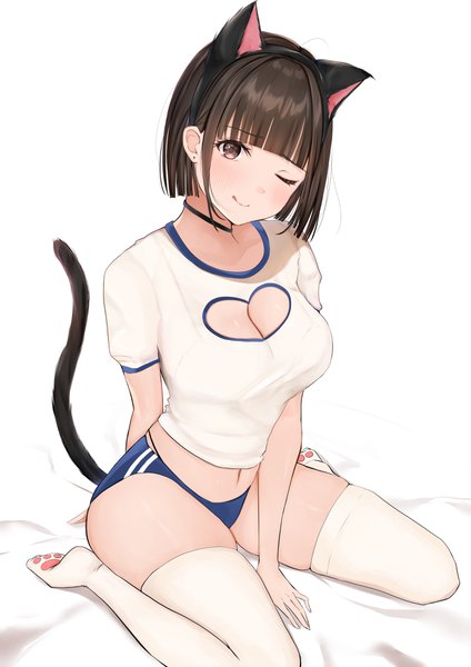 Anime picture 2828x4000 with original uiri-na single tall image looking at viewer blush fringe highres short hair breasts light erotic simple background brown hair large breasts white background sitting brown eyes animal ears tail head tilt