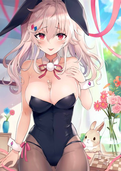 Anime picture 2507x3541 with original retsuto single long hair tall image looking at viewer blush fringe highres breasts light erotic hair between eyes red eyes sitting bare shoulders animal ears payot cleavage silver hair ahoge