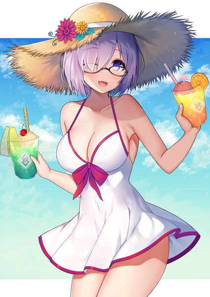 Anime picture 1200x1694 with fate (series) fate/grand order mash kyrielight mash kyrielight (swimsuit of perpetual summer) aozora nan single tall image looking at viewer blush fringe short hair breasts open mouth light erotic smile large breasts purple eyes bare shoulders holding pink hair