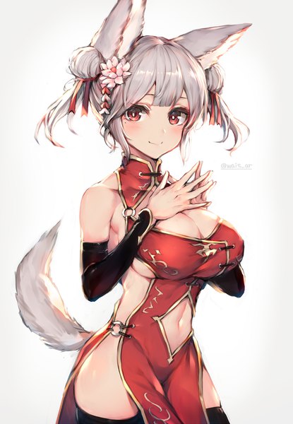 Anime picture 1440x2080 with original watao single tall image looking at viewer blush short hair breasts light erotic simple background smile red eyes large breasts white background twintails signed animal ears cleavage silver hair tail